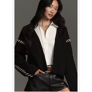 NWT ENGLISH FACTORY Black whipstitch open front Cardigan Cropped V-Neck‎ size L